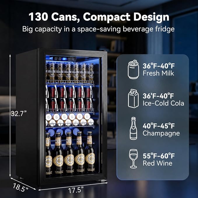 Manastin Beverage Refrigerator Cooler-130 Cans Freestanding Mini Fridge Cooler with Glass Door, Adjustable Shelves & Digital Temperature Display for Soda, Wine or Beer (Black, 3.2 Cu.Ft)