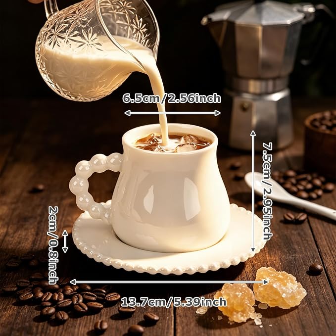 Coffee Cup Set of 6 with Saucers, 8 OZ Ceramic Espresso Cups, Pearl Glaze Coffee Cup Gift for Double Shot, Cappuccino, Cafe Mocha, Dishwasher & Microwave Safe, Elegant Deco