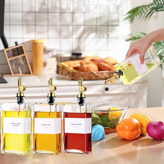 Reallnaive 4 Pcs Olive Oil Dispenser for Kitchen, Glass Olive Bottles Oil Seasoning Bottle Set Coffee Syrup Soy Sauce Dispenser(Gold,500 ml)