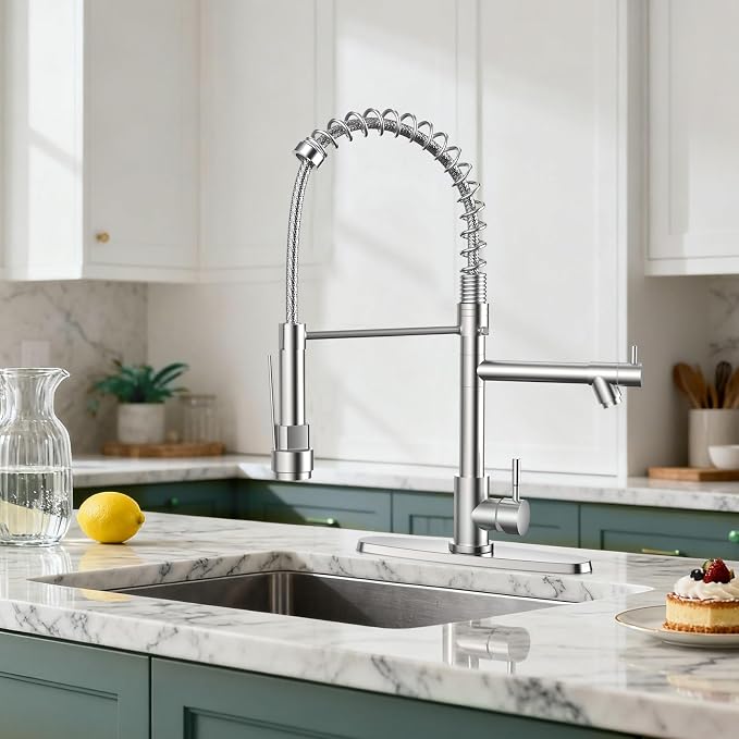 FEELSO Kitchen Faucet with Pull Down Sprayer, Single Handle Stainless Steel Pull Out Spring Kitchen Sink Faucets 1 Or 3 Hole Dual Function for Farmhouse Camper Laundry Utility Rv Wet Bar