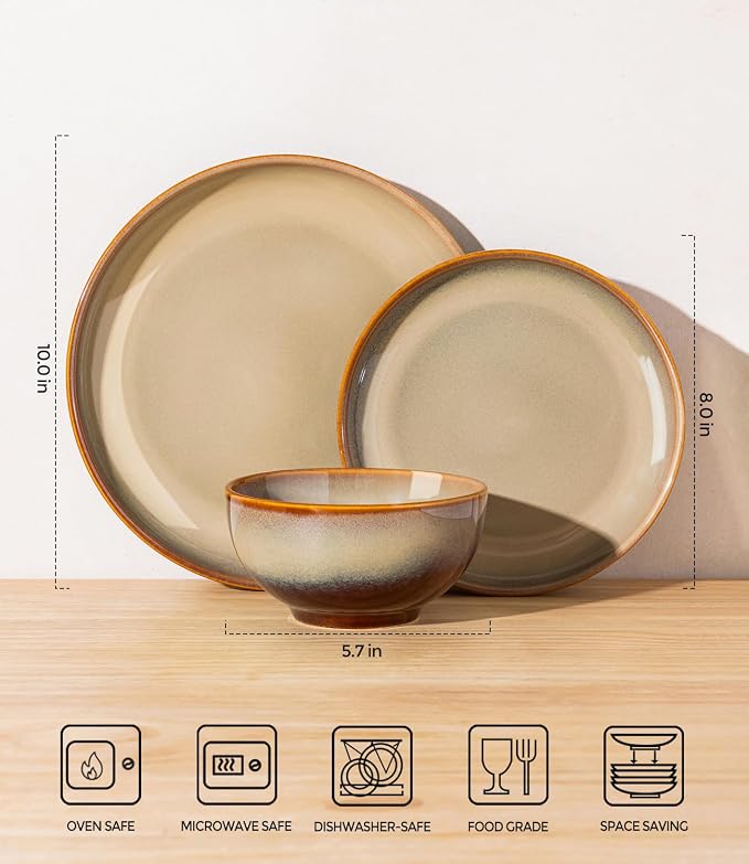 TheTerra Stoneware Dinnerware Sets for 4, 12 Pieces Ceramic Plates and Bowls Sets, Scratch Resistant Dish Set, Oven, Microwave & Dishwasher Safe, Creamy Amber