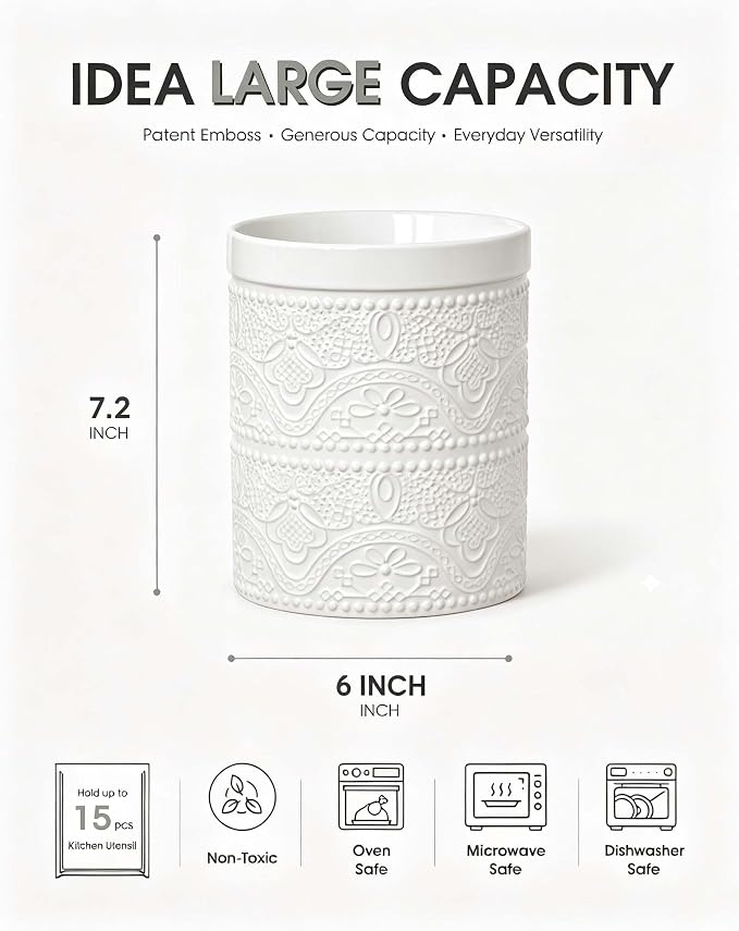 FUN ELEMENTS Kitchen Utensil Holder, 7.2" Super Large Utensil Crock Heavy and Stable Lace Emboss Ceramic Utensil Holder for Kitchen Counter (Bright White)