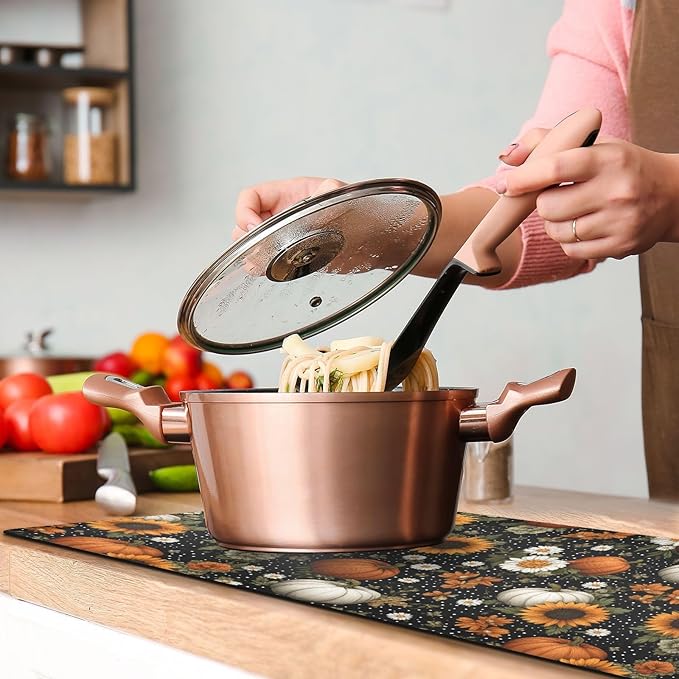 2 in 1 Table Runner Trivet for Hot Pots and Pans Heat Resistant Non Slip Waterproof 39 x 12 Inch Decorative Table Protector for Kitchen Countertop Black Dotty Pumpkins Sunflowers Daisy