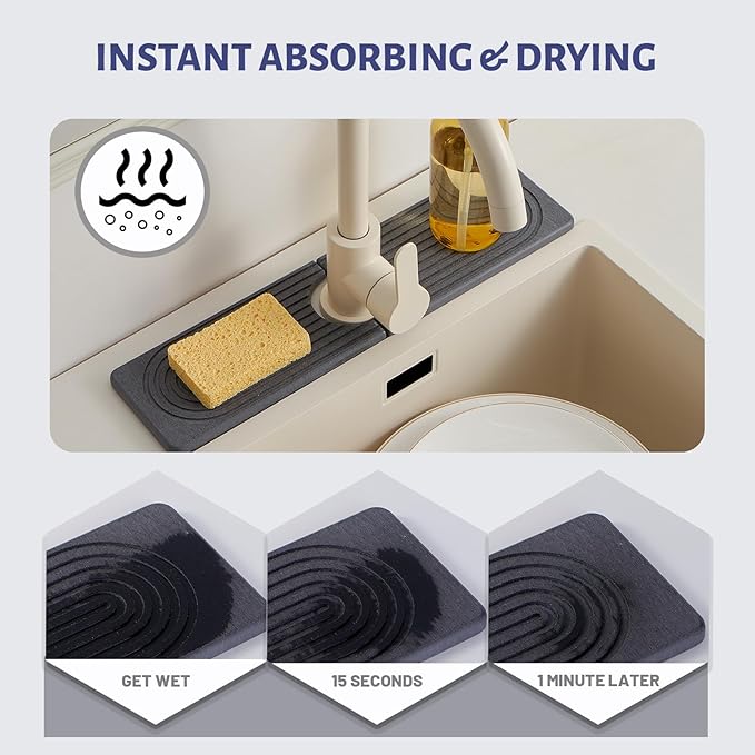 Stone Faucet Mat for Kitchen Sink, Faucet Mat Fast Drying Diatomite, Sink Splash Guard Water Absorbing Stone Tray for Sink, Counter Protector for Kitchen & Bathroom