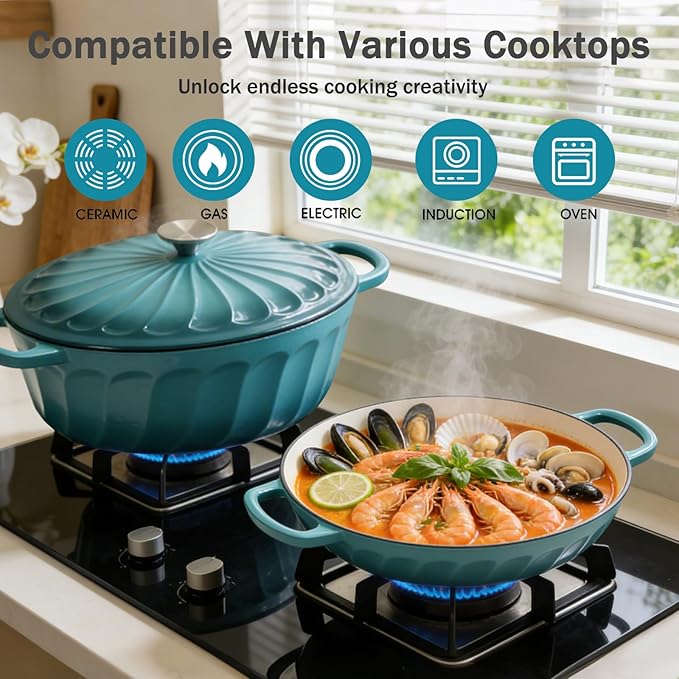 Enameled Cast Iron Dutch Oven, 3.8 Quart Dutch Oven Pot with Lid, Shallow Cast Iron Braiser with Handles, Oven Safe up to 500°F (BlueGreen)