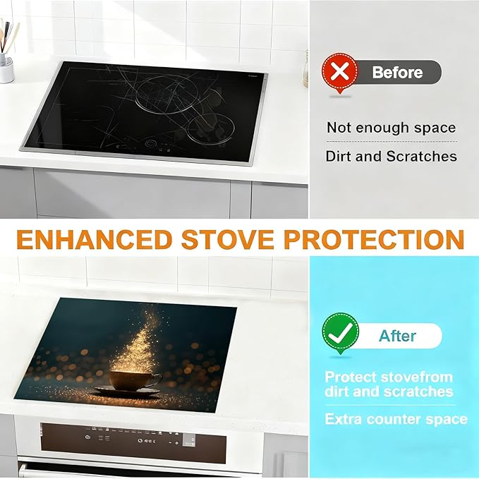 Stove Top Covers for Electric Stove, Heat-Resistant Glass Stove Top Cover Protector, Induction Cooktop Protector Mat for Kitchen 28.3 x 20.5 inches (Coffee Cup)