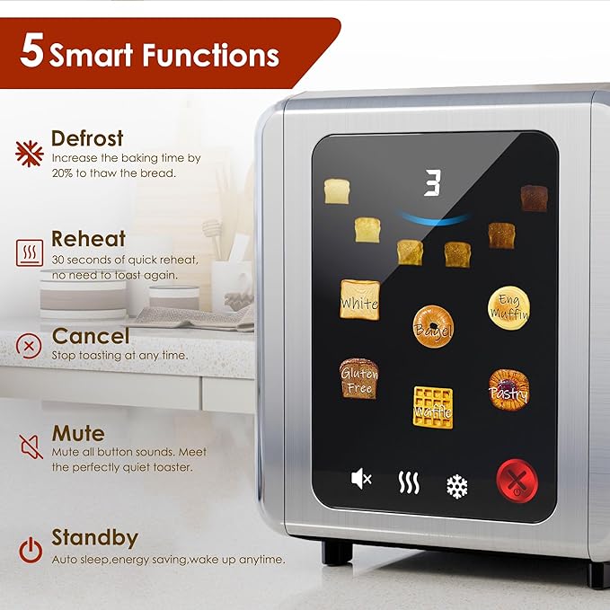 WHALL Full Touch Screen Toaster 2 Slice, 1.5'' Wide Slot Stainless Steel Toaster with Digital Timer, 6 Bread Types & 6 Shade Settings, Crumb Tray, Reheat/Defrost, Smart Toasters for Bagels, Silver