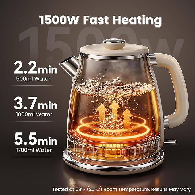 Mecity Retro Electric Kettle 1.7L, Stainless Steel Interior, Food-Grade Silicone Water Contact, Double Wall Cool Touch, 1500W Fast Boil, Thermometer (°F/°C), Wide Opening, Cream