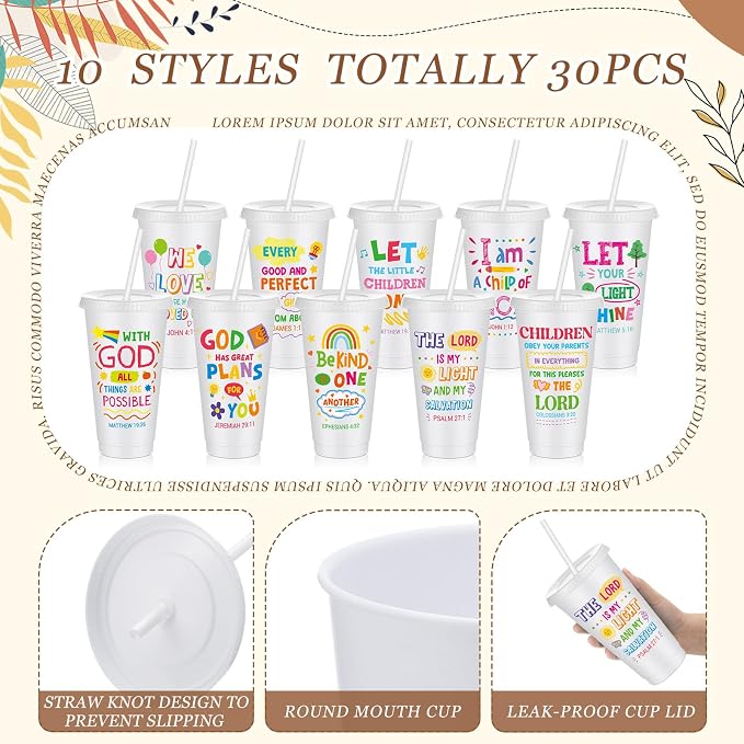 Uiifan 30 Pcs Vacation Bible School Cups for Kids, Christian Tumblers with Straws Bible Verse Cups for VBS, Sunday School, Church Party Favors Faith Gifts, Reusable Plastic Tumblers with Lids, White