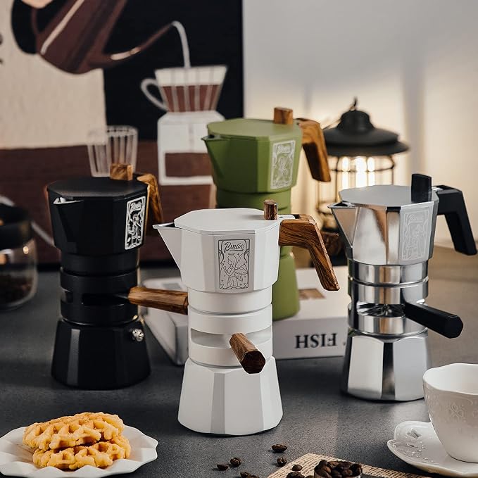 Bincoo 120ML Stovetop Espresso Maker Double Valve Moka Pot with Thermostat Extractor Prevent over-extraction,Italian Espresso Moka Pot with Powder Dispenser and Filter Paper for Home (Black 120ML)
