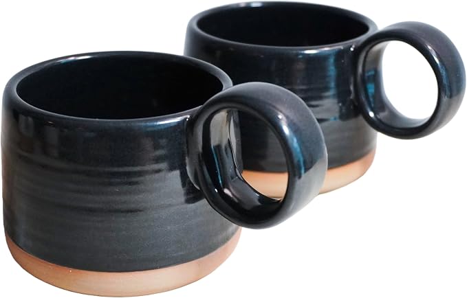 Bossa Stoneware Ceramic Cappuccino Cup 8oz Black Set of 2 | Handcrafted Specialty Coffee Mug with Glazed Glossy Finish, Raw Unglazed Base & Large Handle | Microwave & Dishwasher Safe