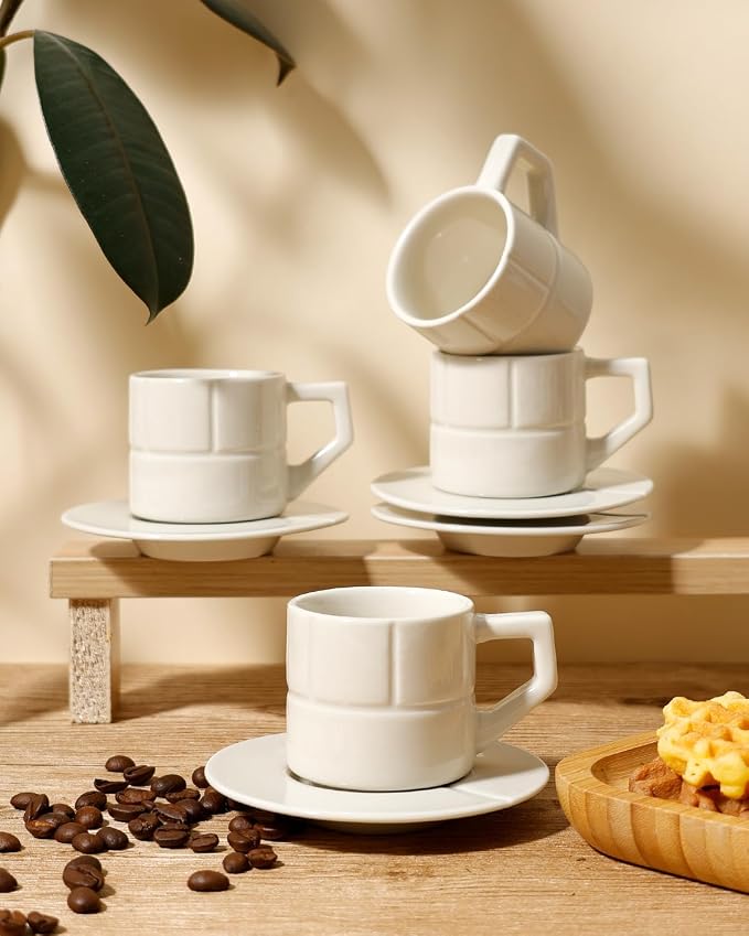 Ceramic Coffee Mugs Set of 4, Coffee Cups with Saucers, Cappuccino Cups with Saucers, Porcelain Cups, Coffee Cups for Tea, Latte, Espresso (Ivory-Geometric)