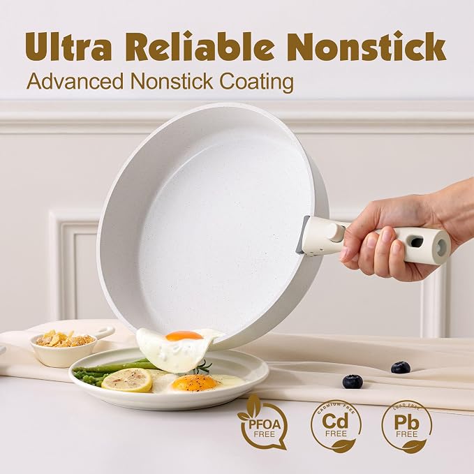 SENSARTE 17 Piece Pots and Pans Set, Nonstick Detachable Handle Cookware Set, Induction Kitchen Cookware Set with Removable Handle, Healthy Non Stick for RV, Dishwasher ＆ Oven Safe, PFOA Free (White)