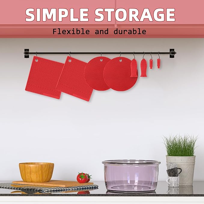 Honeydak 12 Pcs Silicone Trivet Mat and Silicone Hot Handle Holder Pack Multipurpose Non Slip Pot Holders Pot Handle Covers Heat Resistant for Kitchen Potholders Hot Dishes Jar Opener (Red)