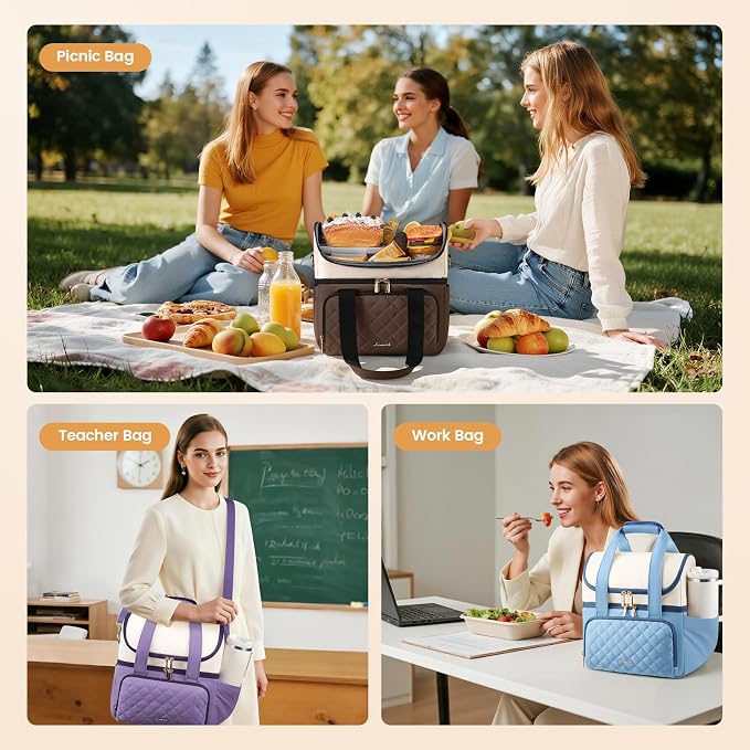LOVEVOOK Insulated Lunch Bag For Women,Large Double Deck Adult Lunch Box,Teacher Lunch Tote Bag With Cup Holder,Leakproof Cooler Bag With Adjustable Shoulder Strap For Work Picnic Beach,Larger 15L