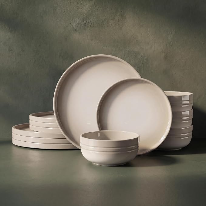 SMIRLY Stoneware Dinnerware Set for 4, 12-Piece Ceramic Plates and Bowls Set, Chip & Scratch Resistant Dish Set, Microwave, Dishwasher & Oven Safe for Everyday Meals, Cream White