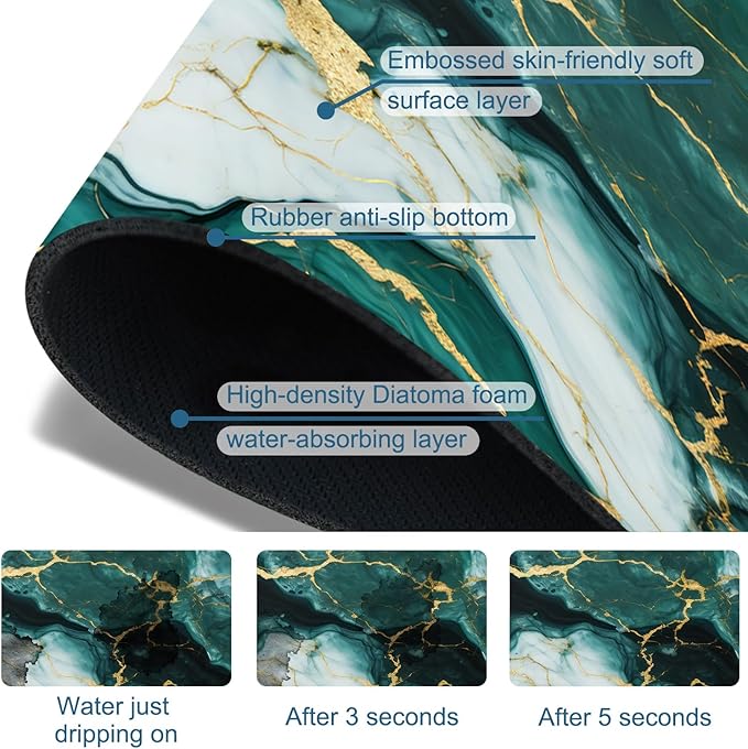 Green Marble Sink Splash Guard Faucet Mat Liquid Gold Marble Super Absorbent Fast Drying Mat Sink Gadgets-Splash Guard Behind Faucet Drip Catcher for Kitchen Bathroom, 23.5"x5.5"