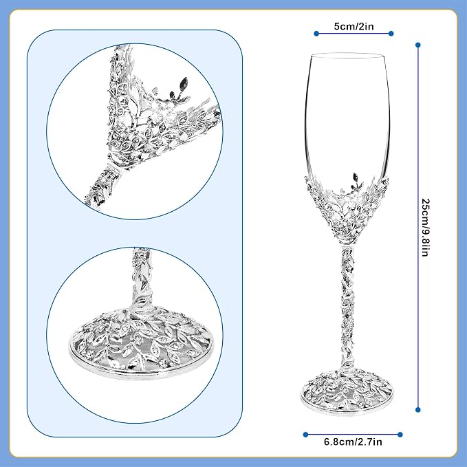 Silver Champagne Flutes -His and Hers,Wedding Toasting Glasses for Engagement Celebrations, Bridal Shower and Registry Idea, Tall Wine Glasses for Bride and Groom Gifts,7oz (Chrome)