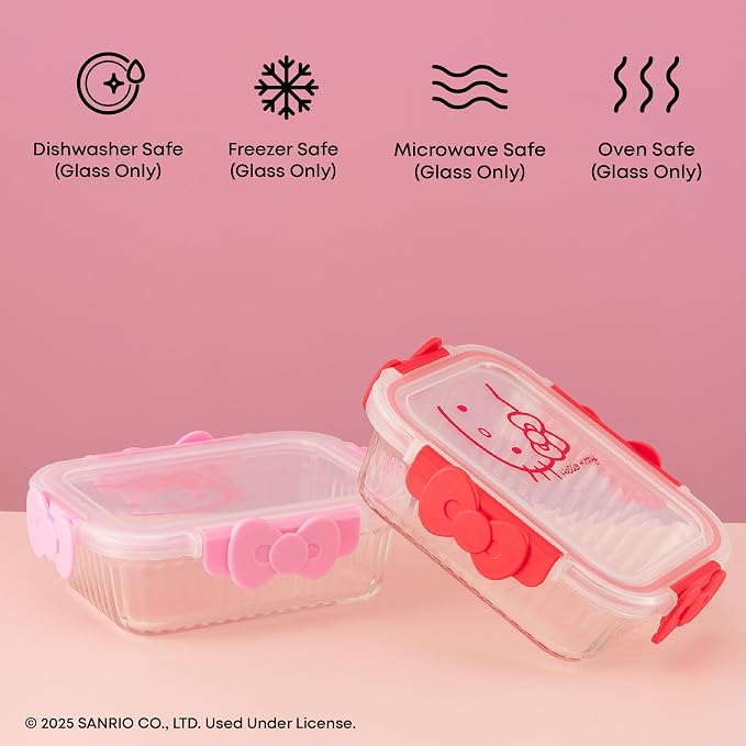JoyJolt Sanrio Hello Kitty Fluted Glass Food Storage Containers with Lids, 2x Airtight Glass Storage Containers with Lids for Kitchen, Reusable Lunch Meal Prep Container, Cute Hello Kitty Gifts