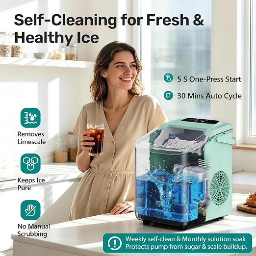 OLIXIS Countertop Ice Maker with Self-Cleaning, Portable Ice Maker Machine with Scoop, 26Lbs/24H, 9 Cubes in 6 Mins, 2 Sizes of Bullet Ice for Home, Kitchen, Office, Green