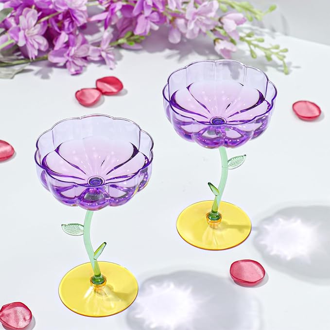 48 Pcs Purple Plastic Ribbed Coupe Glasses Detachable 7oz Flower Cocktail Glasses Modern Wavy Plastic Cocktail Coupes Disposable Martini Glasses Mimosa Glassware champagne goblets (48, Purple)