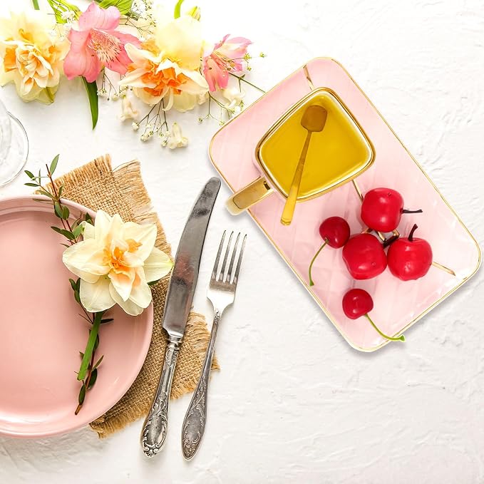 Zubebe 2 Sets Coffee Mug Elegant Handbag Shaped Cup Modern Ceramic Purse Mug with Spoon and Saucer, 10oz Cute Creative Tea Cup for Woman Girls Gift (Pink)