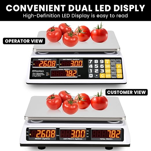 Price Computing Scale 66lb/30kg Commercial Food Scale, lb/kg/oz Conversion with Price Calculator, Counting, Dual LED Display, Flat Reversed Platter, Produce Scale for Farmer Market Retail Meat Shops