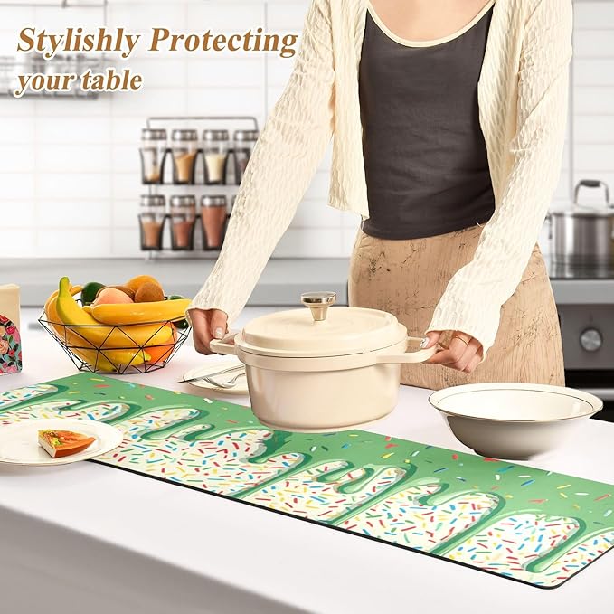 2 in 1 Table Runner Trivet for Hot Pots and Pans Heat Resistant Non Slip Waterproof 39 x 12 Inch Decorative Table Protector for Kitchen Countertop Green Ice Cream Dripping