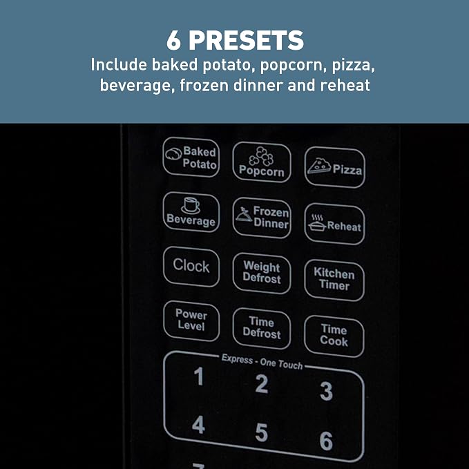 West Bend Microwave Oven 1000-Watts Compact with 6 Pre-Set Cooking Settings, Time and Weight Defrost, Electronic Control Panel and Glass Turntable, 1.1 Cu.Ft., Stainless Steel