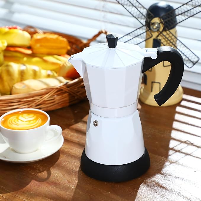 Coffee Pot 6 Cup Electric Espresso Coffee Maker Italian Moka Maker 300ml Portable Aluminum Espresso Machine Cafetera Moka Pot with Detachable Base, Gift for Home Travel(White)