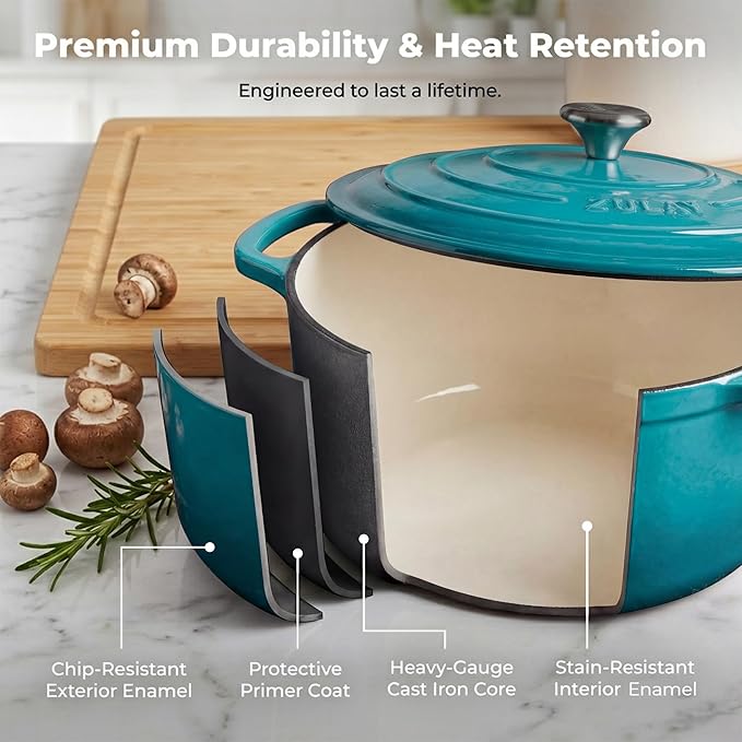 Zulay Kitchen 6.4QT Enameled Cast Iron Dutch Oven Pot with Lid, Heavy-Duty Soup Pot for Stews, Braising, Roasting & Sourdough Bread Baking, Oven Safe up to 500°F - Light Blue