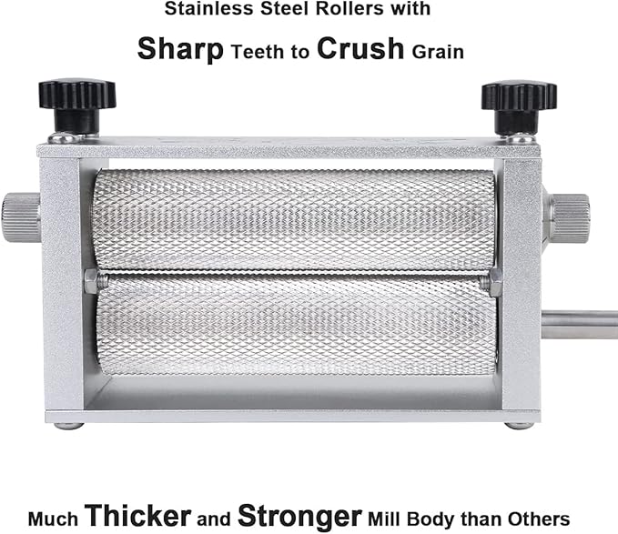 Grain Mill Brewing for Grain Malt Barley, Malt Mill for Homebrew Beer, Grain Crusher Grinder with 7.7LB Hopper 2 Stainless Steel Bearing Rollers and Steel Metal Base, Fit Electric Drill