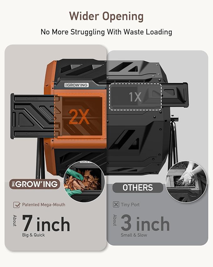 THEGROW'ING 43 Gallon Dual Chamber Compost Bin with Built-in Nuts & Thermometer, Outdoor Rotating Composter Tumbler for Garden Backyard, Orange