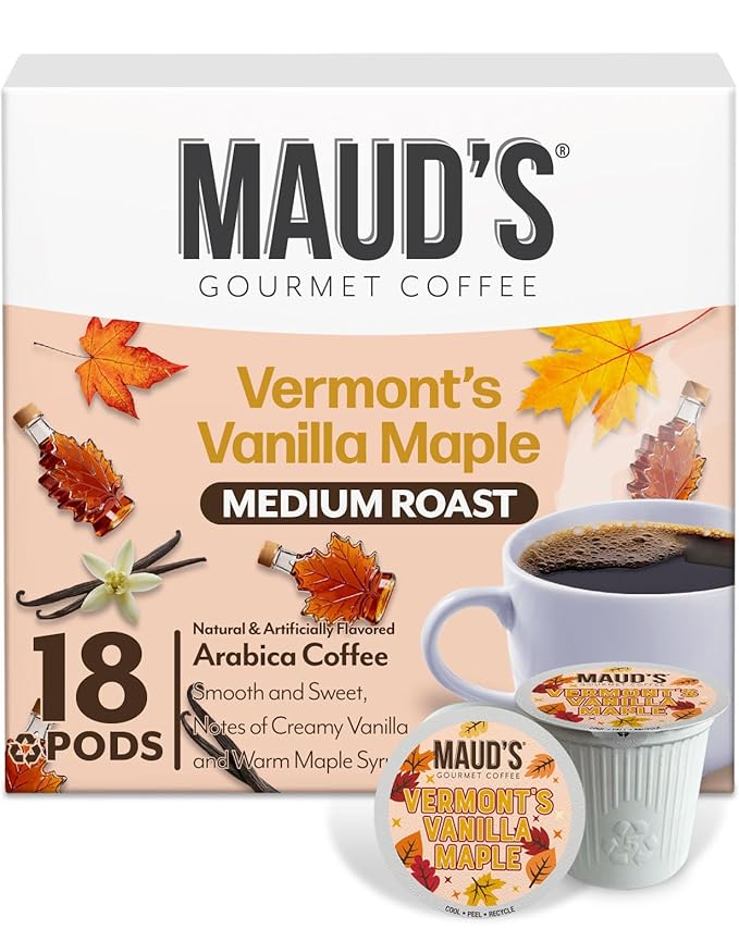 Maud's Maple Vanilla Flavored Coffee Pods, 18 ct, Medium Roast Flavored Coffee in Single Serve Pods – 100% Arabica Beans, Compatible with Keurig K Cups Maker