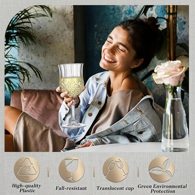 Pinkunn 24 Pcs 7 oz Plastic Vintage Wine Glasses Reusable Colored Goblets Patterned Drinking Water Glasses Cup Dishwasher Safe for Mother's Day Wedding Reception Party Supplies (Clear)