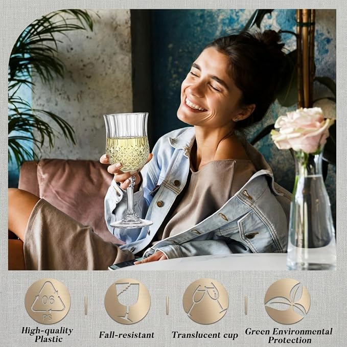 Pinkunn 50 Pcs 7 oz Plastic Vintage Wine Glasses Reusable Colored Goblets Patterned Drinking Water Glasses Cup Dishwasher Safe for Mother's Day Wedding Reception Party Supplies (Transparent)