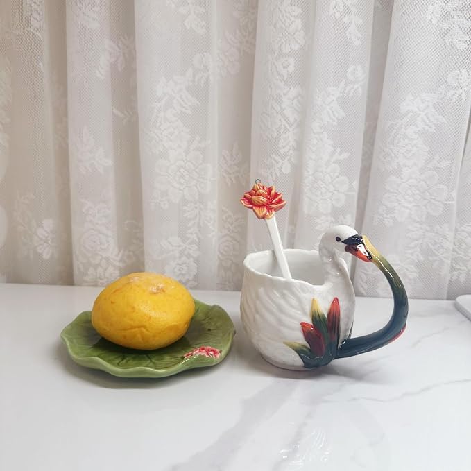 Ceramic Tea Cup and Saucer Set ，6OZ 3D Hand-painted Swans and Lotus Leaves Coffee Mug，Gift for Women