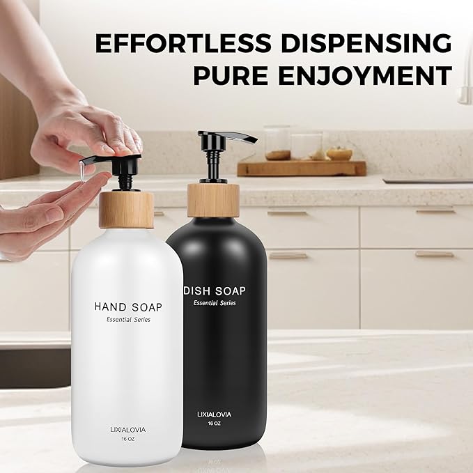 Dish and Hand Soap Dispenser Set with Tray, 16OZ Refillable Glass Bottles and Wood Pump, Double Bottle Countertop Organizer for Kitchen and Bathroom (White/Black)