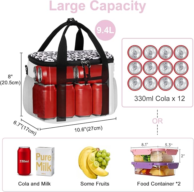 BTOOP Insulated Lunch Box for Women, Cute Corduroy Lunch Bag with Shoulder Strap, Leakproof Wide-Open Lunch Tote for Work, Office, School, Picnic, Pink-Leopard