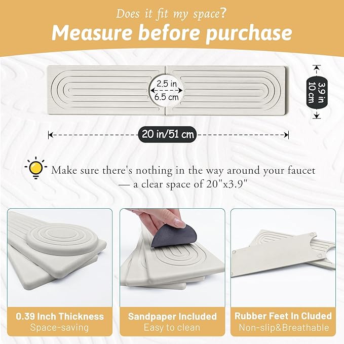 Stone Faucet Mat Handle Drip Catcher, Dish Drying Mat Soap Sponge Holder Tray for Kitchen Accessories, Bathroom Counter Sink Splash Guard, Home Organization Gadgets Organizer for Farmhouse, Ash Gray