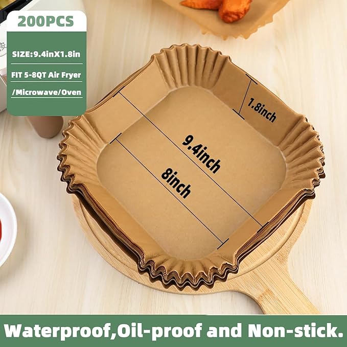 Air Fryer Liners Disposable,200Pcs Parchment Paper,LYHOLKEER 8IN Disposable Air Fryer Paper Liners for 5-8QT Air Fryer, Non-Stick, Square Liners Free of Bleach