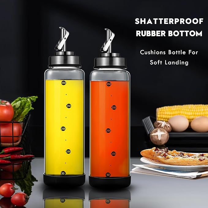 Glass Olive Oil Dispenser Bottle Shatterproof & Leakproof Oil and Vinegar Dispenser Set with Stainless Steel Spout & Rubber Bottom