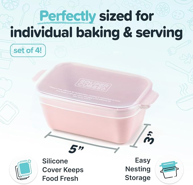 Souper Cubes Ceramic Baking Dishes 2.0-5" x 3" Small Casserole Dishes for Oven with Silicone Lids, Oven, Microwave and Air Fryer Safe,USA Made, Set of 4 - Cotton Candy