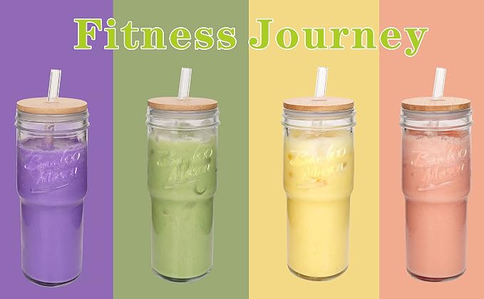ANOTION Glass Cups with Lids and Straws 2 Packs, 24oz Travel Coffee Mug Wide Mouth Bamboo Mason Jar Iced Coffee Cup Smoothie Cup Glass Tumbler Tea Cup Clear Cute Water Cups Drinking Jars Glasses