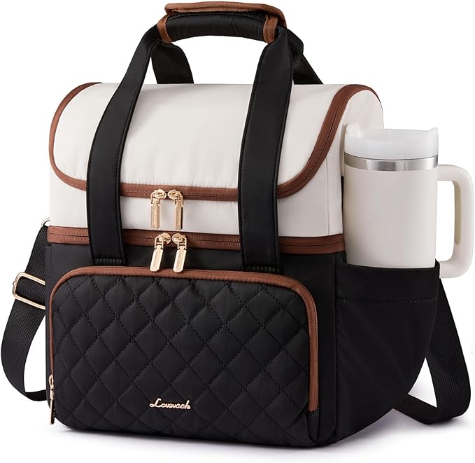 LOVEVOOK Insulated Lunch Bag For Women,X Large Double Deck Adult Lunch Box,Teacher Lunch Tote Bag With Cup Holder,Leakproof Cooler Bag With Adjustable Shoulder Strap For Work Picnic Beach,Larger 24L