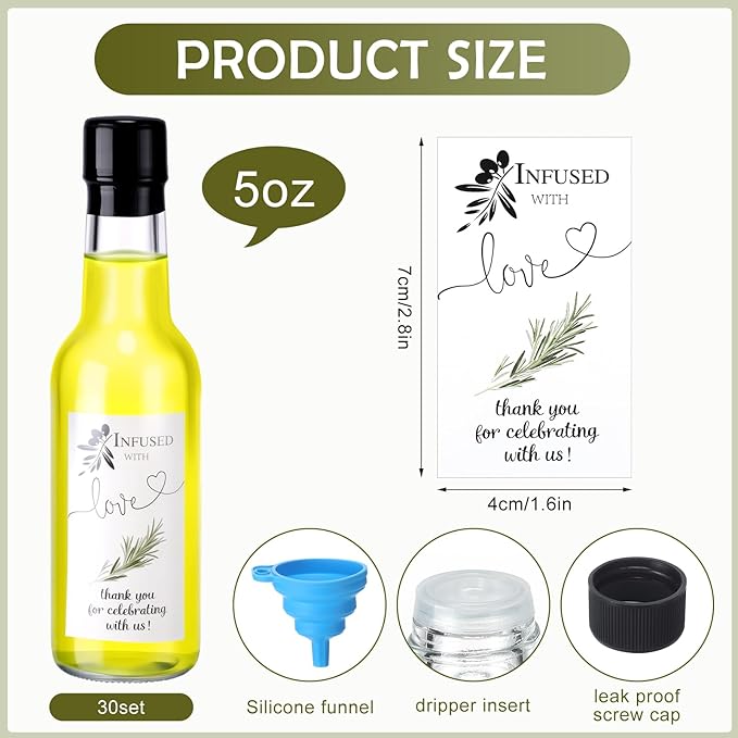 Reallnaive 30 Sets 5 oz Mini Olive Oil Glass Bottles for Homemade with Lids Heat Shrink Cap Stickers and Funnels Clear Mini Olive Oil Woozy Bottle Hot Sauce Glass for Wedding Favors Guest Babyshower
