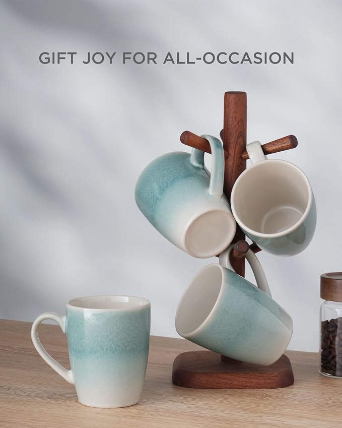famiware Coffee Mugs Set, 13 oz Mug Set of 4, Stoneware Cups for Latte, Hot Tea, Mocha, Cocoa, Cappuccino, Microwave and Dishwasher Safe, Glacier Series, Aqua (Pack of 2)