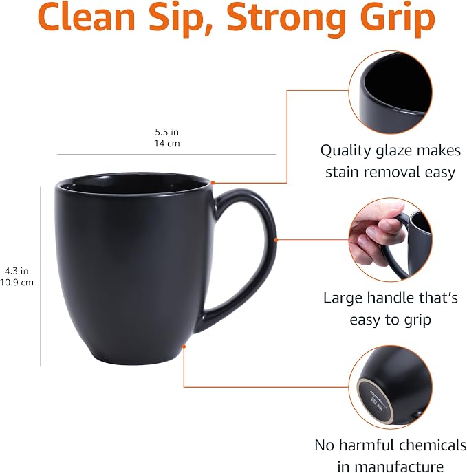 Amazon Basics 12-Pack Matte Black Ceramic Coffee Mug, 16 ounces, Microwave and Dishwasher Safe, Stoneware, Commercial-Grade