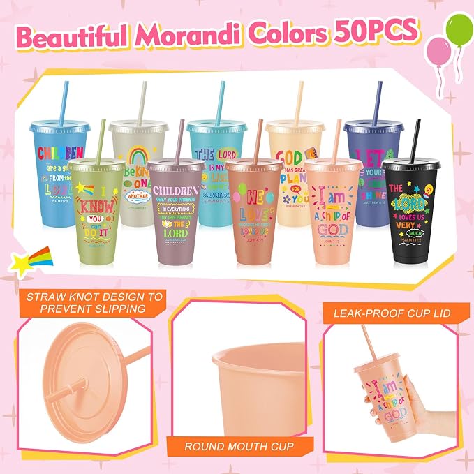 Uiifan 50 Pcs Morandi Christian Cups for Kids, Vacation Bible School Gifts 24oz Pastel Reusable Plastic Tumblers with Lids Straws, Bible Verse Party Cups for Sunday School, Classroom and Holiday Gifts