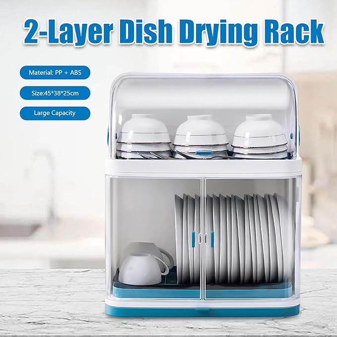 2 Tier Dish Drying Rack with Cover, Plastic Kitchen Plate Cup Dish Drying Rack， with Removable Drain Board, for Dish/Knifes/Cup, Blue, White